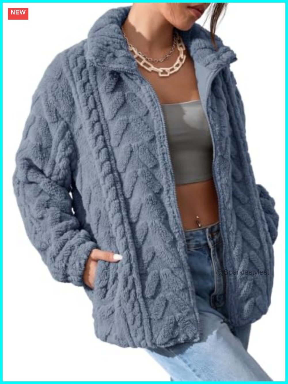 Women's Fleece Zip Up Jacket Oversized Casual Coat with Pockets
